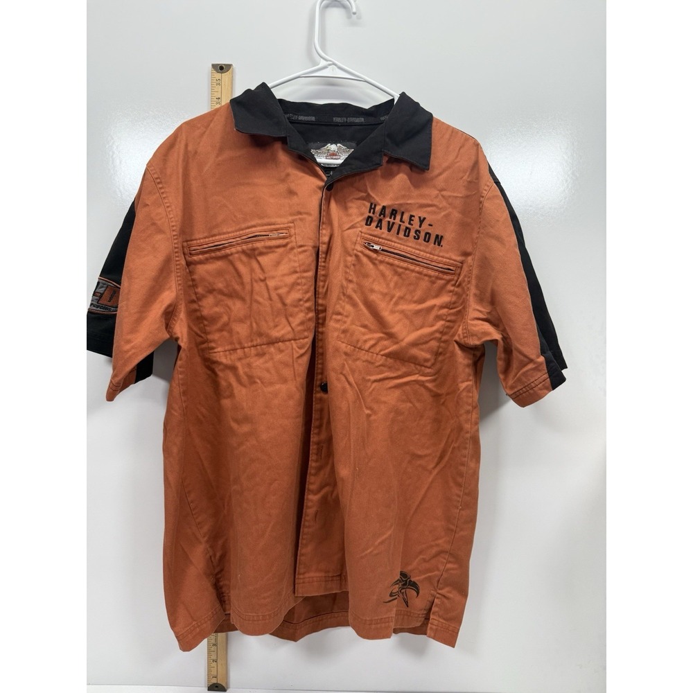 Harley-Davidson Men's Orange Black Mechanic Shirt Tribal Eagle Graphic Size L